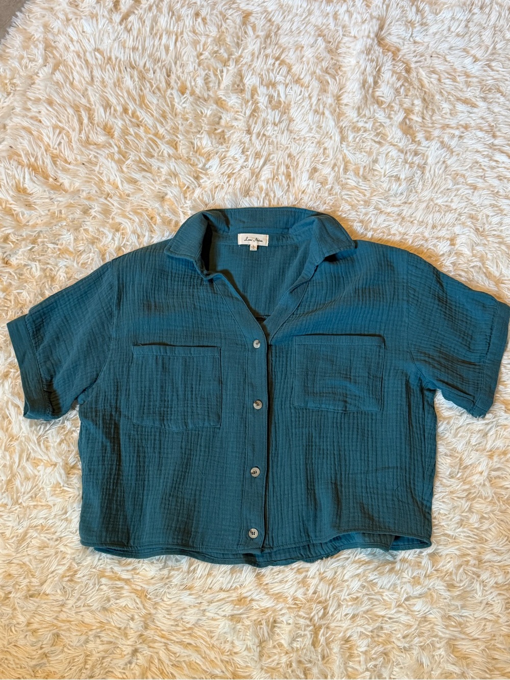 Love Notes Teal Boxy Short-Sleeve Button Front Crop Top